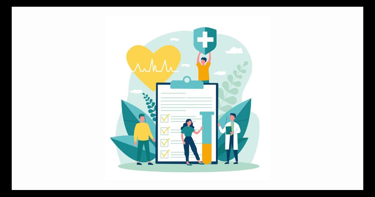 Graphic of patients and doctor in front of large clipboard
