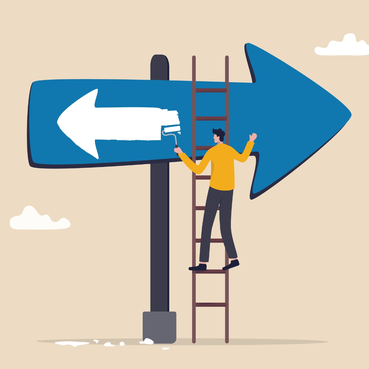 Man on a ladder setting up direction