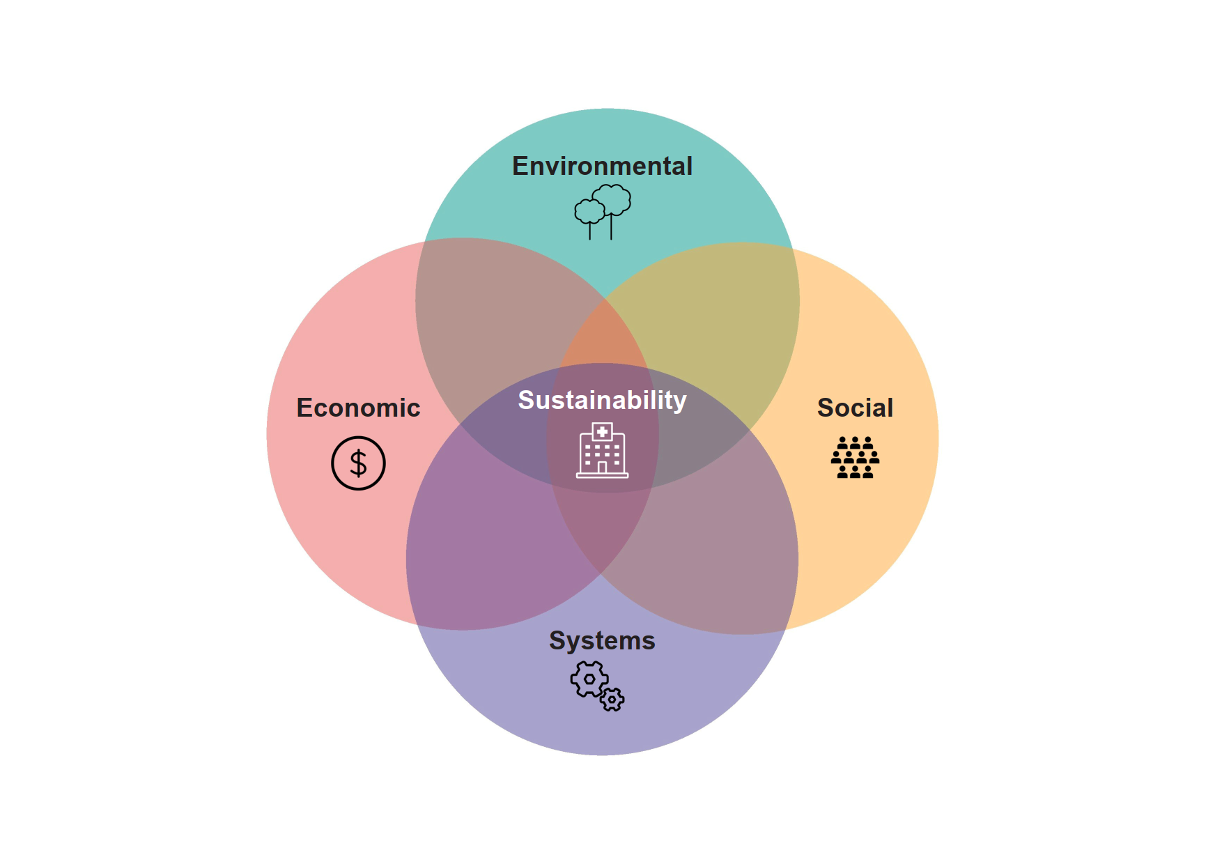 The traditional pillars of sustainability: social, environmental and economic, in addition to systems sustainability in the context of healthcare. 
