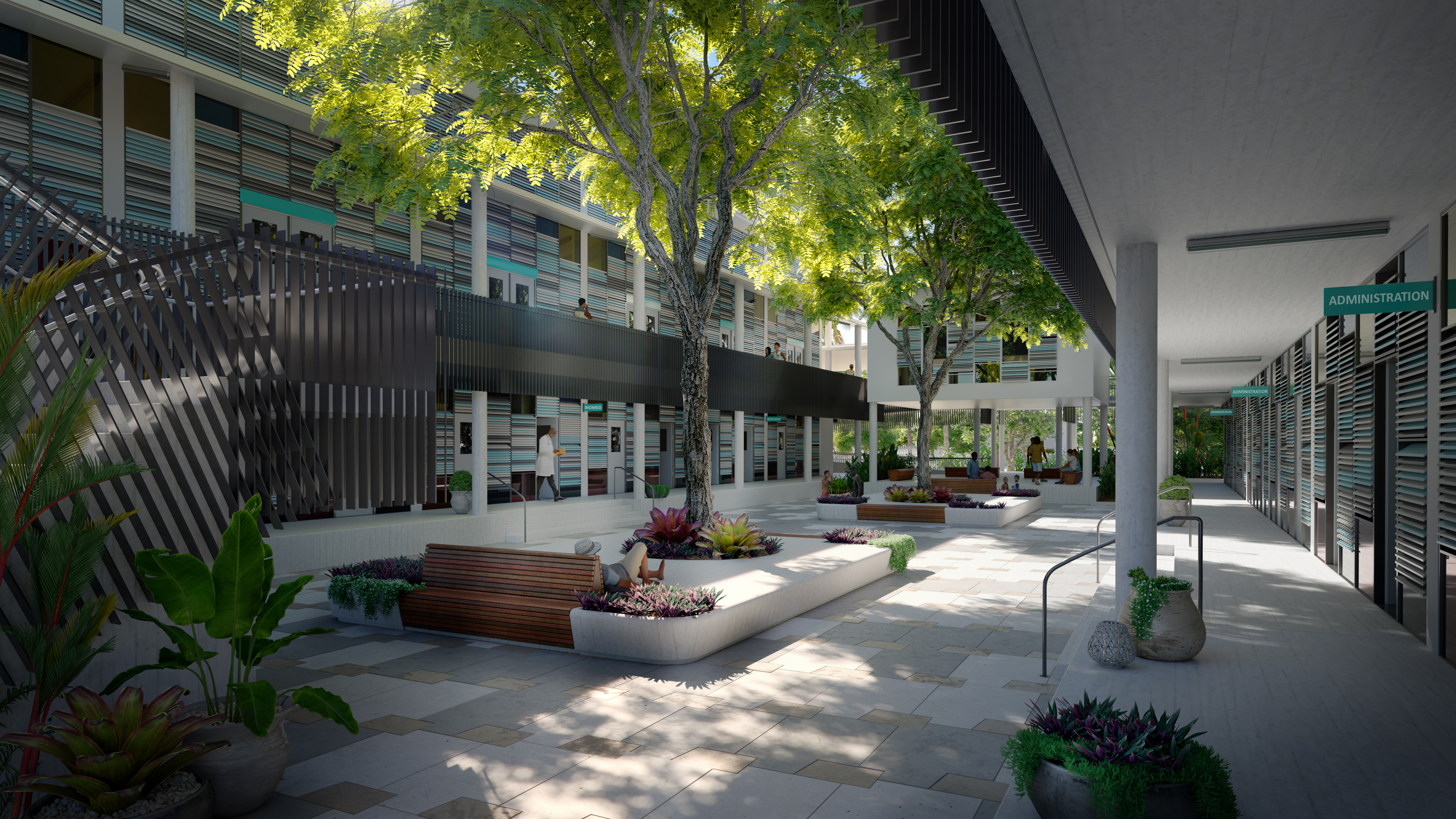 An early concept image of new Betio Hospital courtyard, which provides a flexible outdoor space for patients, staff and families. Image credit: © Jacobs