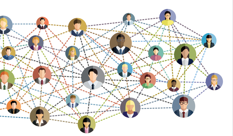 Grid of human cartoon faces connected by dots